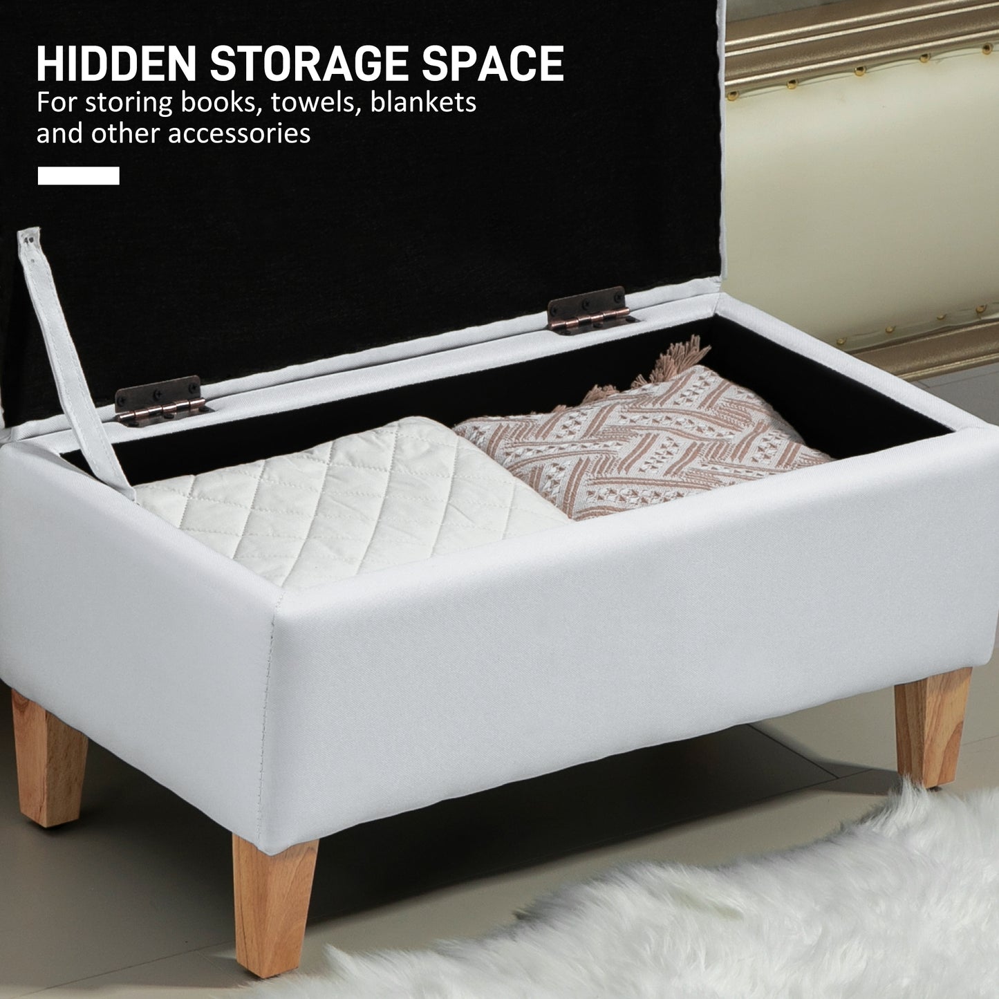 Mael Linen White Storage Ottoman With Padded Seat