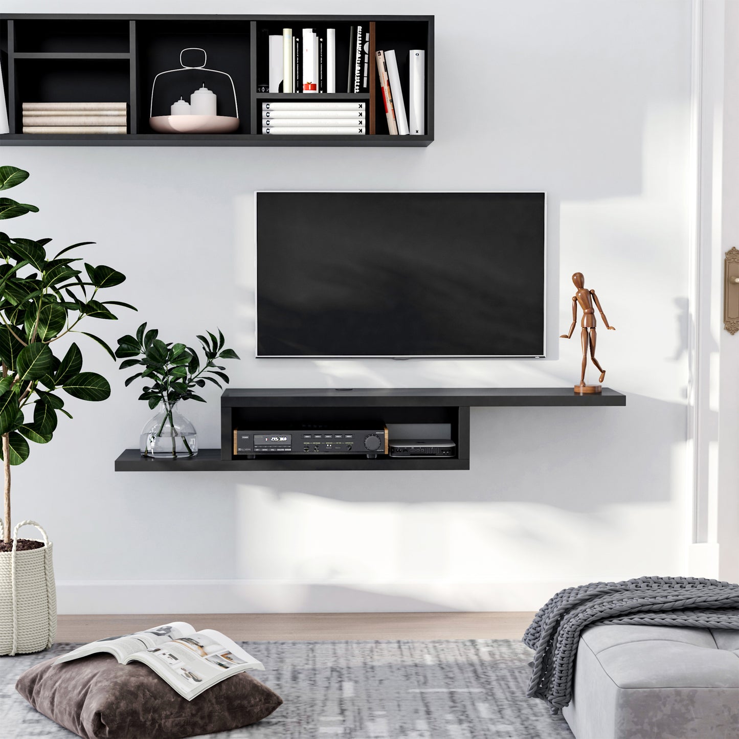 Mika Mael 152cm Wooden Black Wall Mounted Floating TV Unit With Open Shelving And Cable Ports