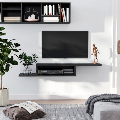 Mika Mael 152cm Wooden Black Wall Mounted Floating TV Unit With Open Shelving And Cable Ports