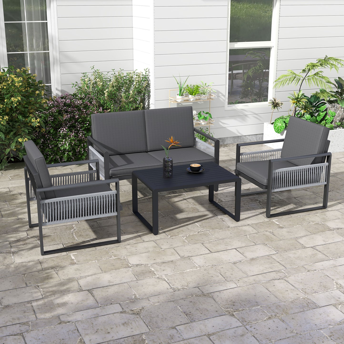 Yotono 4 Seater Grey Rattan Rope Garden Dining Set with Grey Cushions