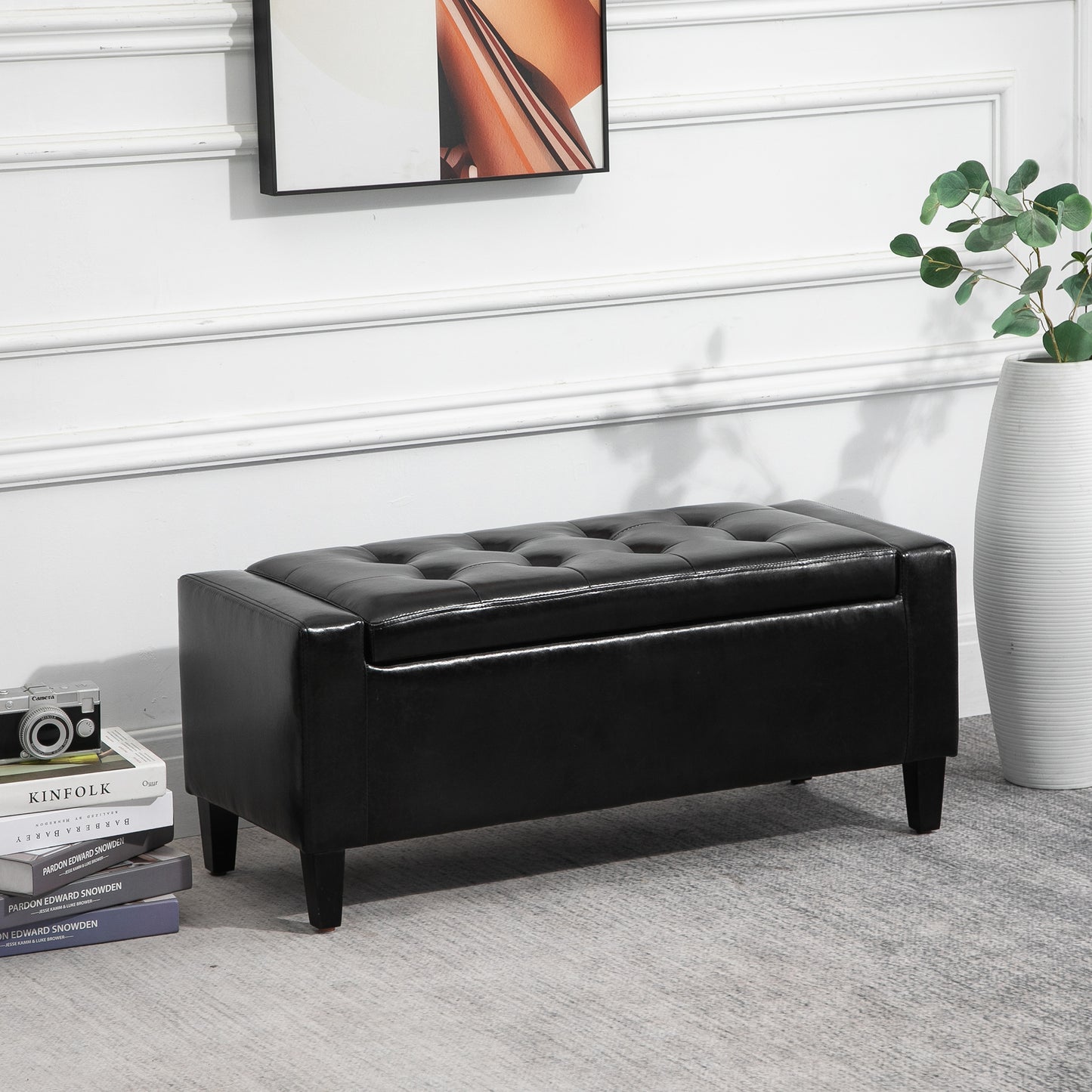 Sabata Faux Leather Black Storage Ottoman Bench With Lift Up Diamond Tufted Lid