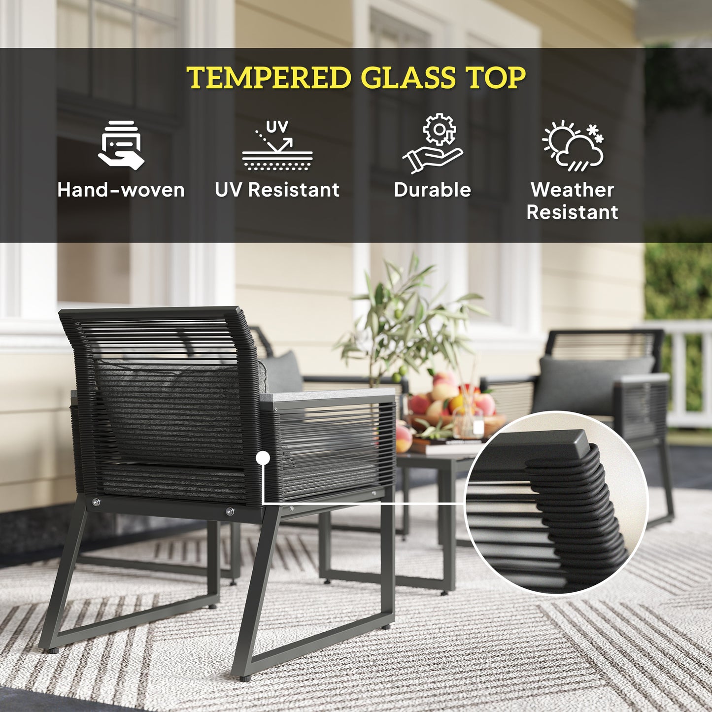 Mopafa Rattan Rope Dark Grey Seater  Piece Garden Furniture Set With Cushions