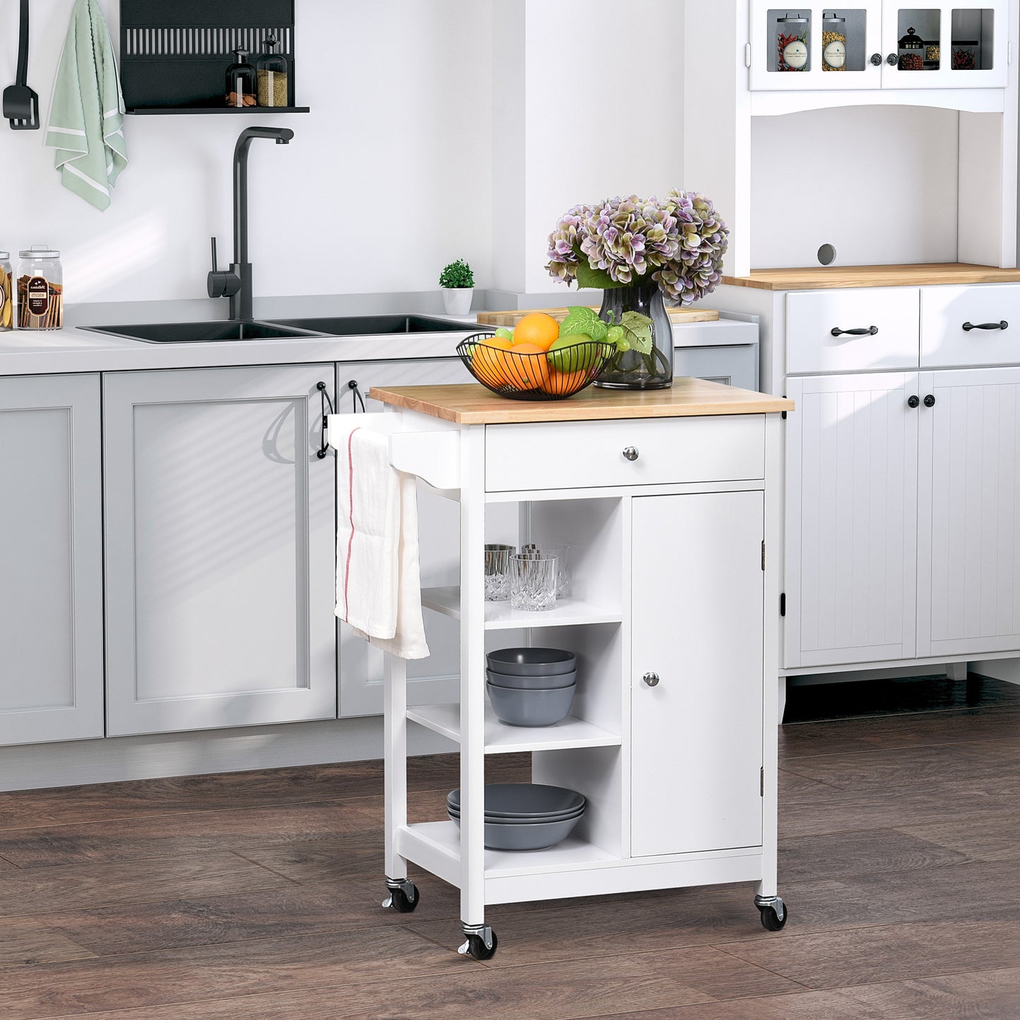 Yota Wooden White Kitchen Island On Wheels With Wood Top Shelves And Storage Cupboard