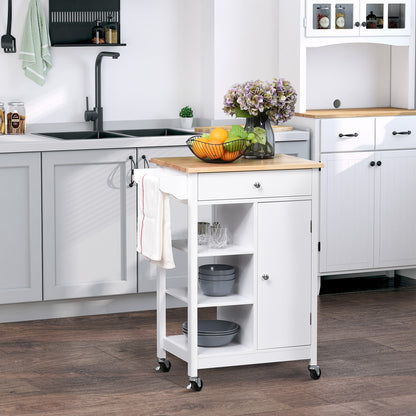 Yota Wooden White Kitchen Island On Wheels With Wood Top Shelves And Storage Cupboard