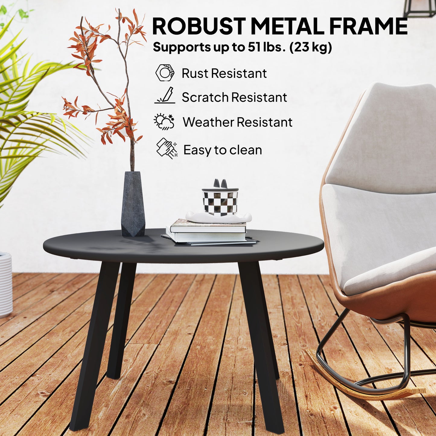 Ludove Metal And Glass Black Round Outdoor Coffee Table With Non Slip Feet 70cm
