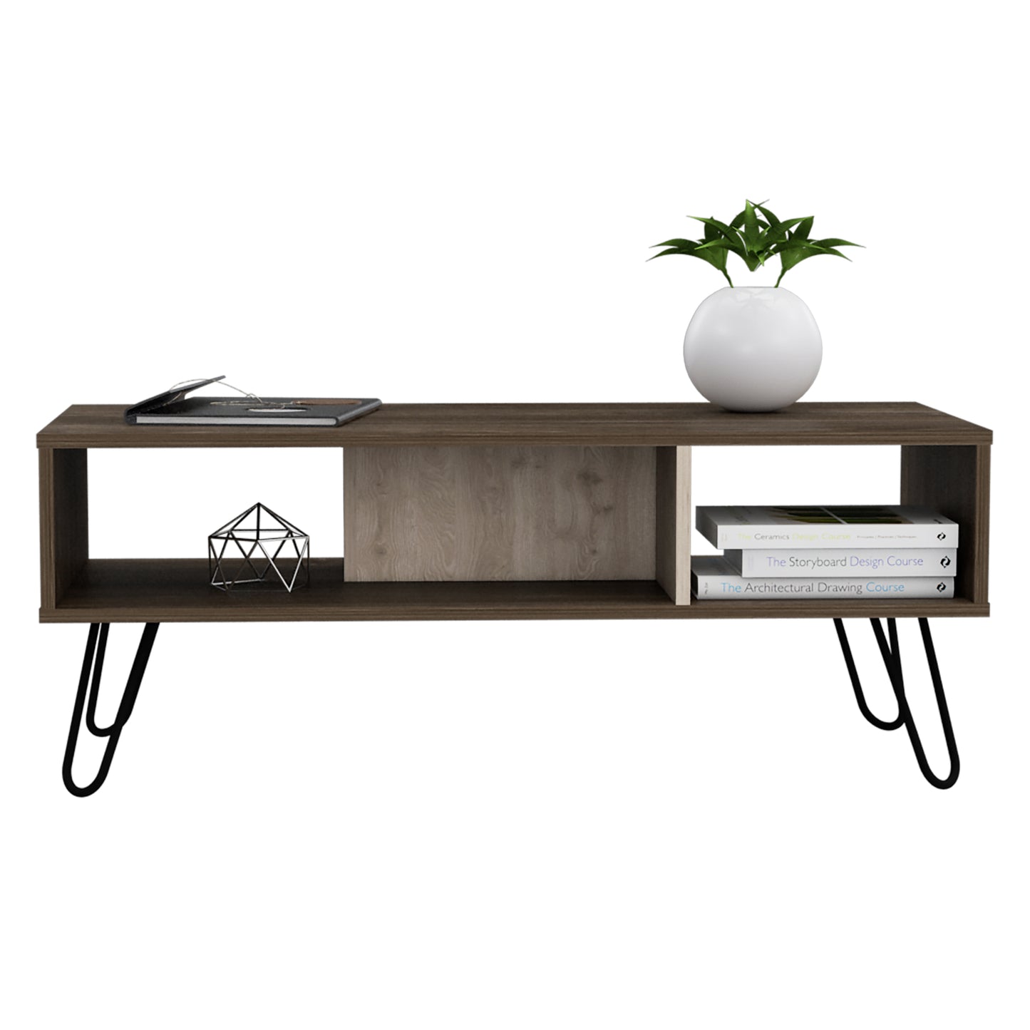 Thessaloniki Smoked Oak Wood Coffee Table With Grey Panel And Hairpin Legs