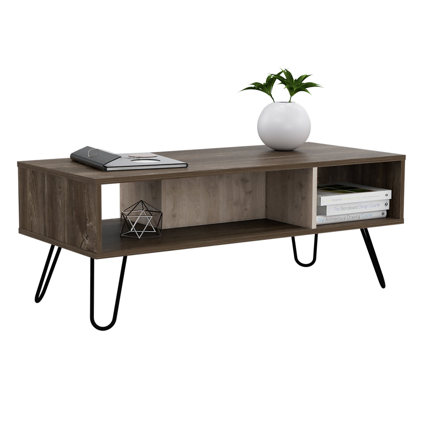 Thessaloniki Smoked Oak Wood Coffee Table With Grey Panel And Hairpin Legs