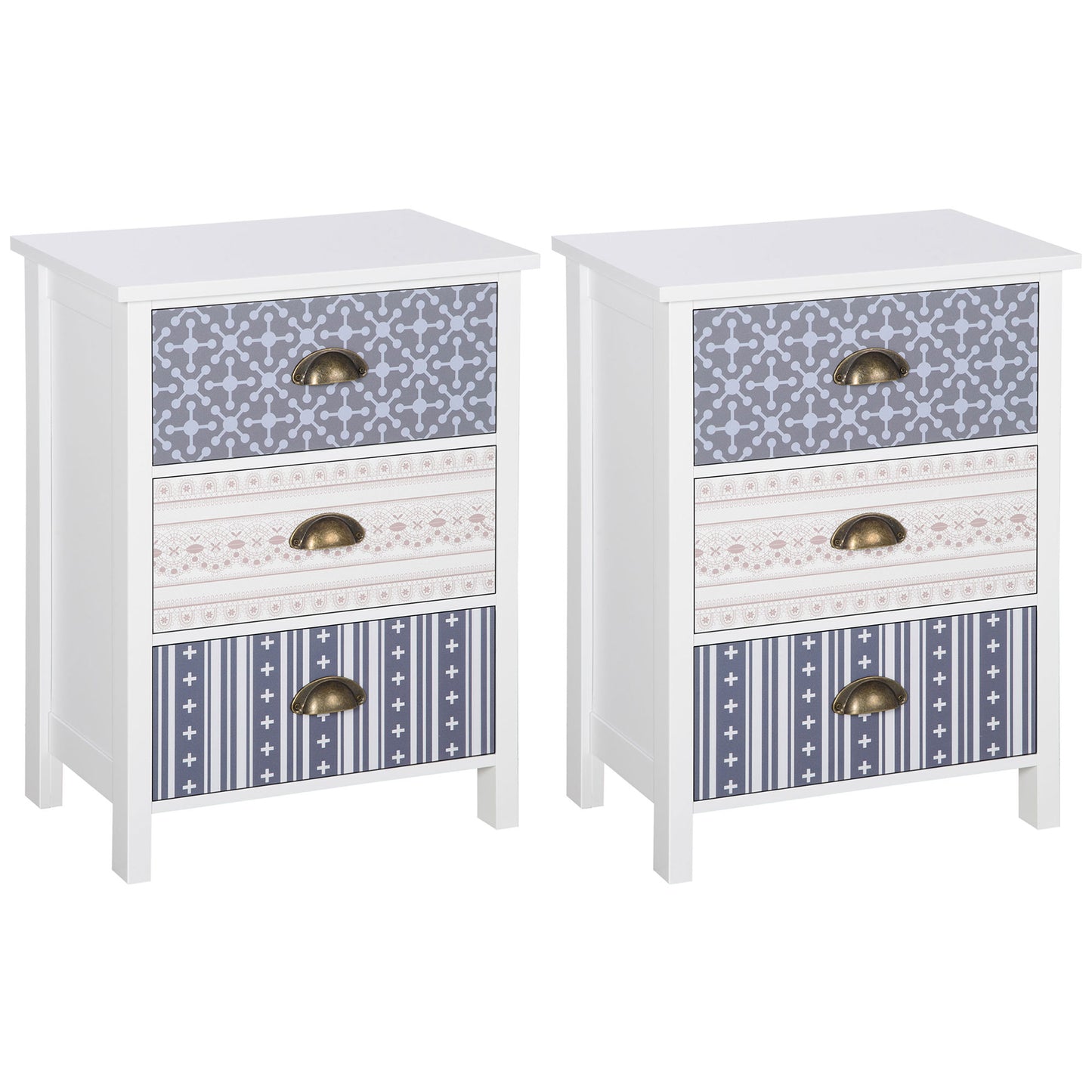 Lodive Set Of 2 Blue Shabby Chic 3 Drawer Bedside Tables With Metal Handles