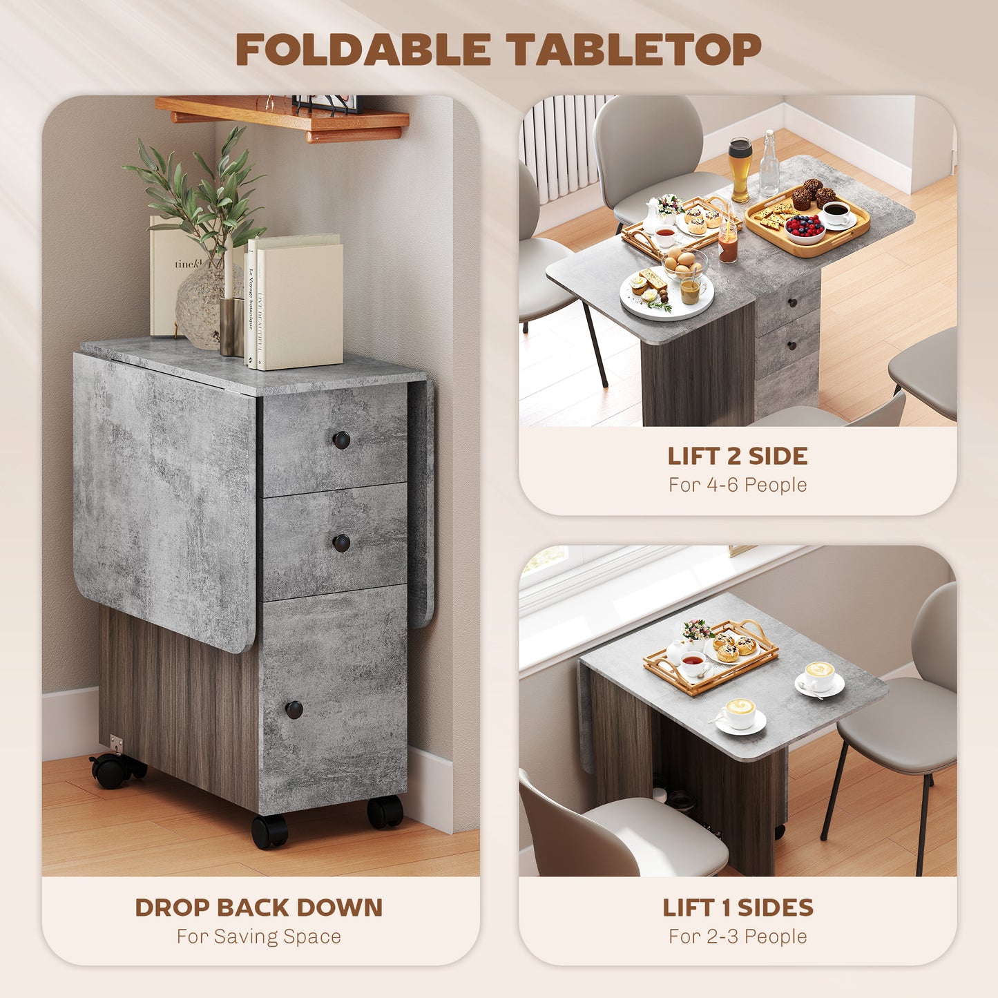 Dorette Wooden Mixed Grey Drop Leaf Dining Table With Multi Storage Design