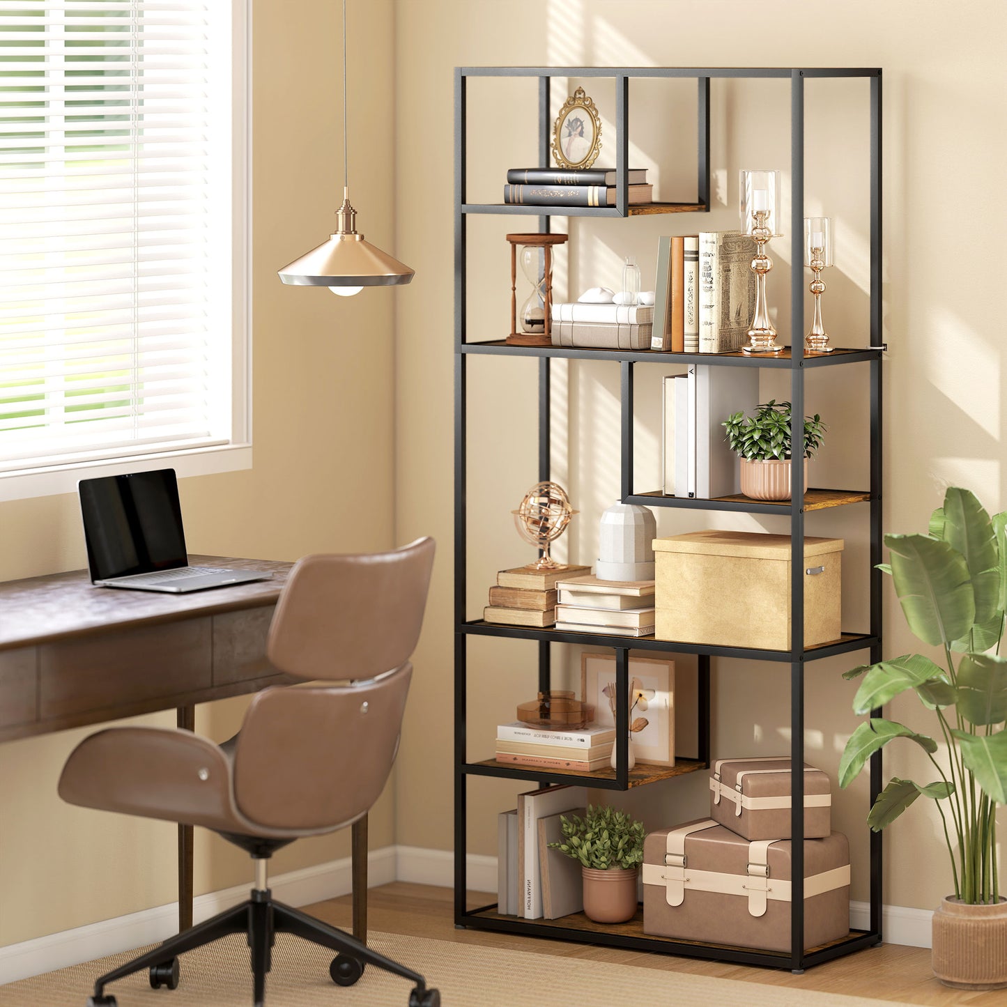 Tadoro Metal And Wood Rustic Brown 6 Tier Industrial Shelving Bookcase