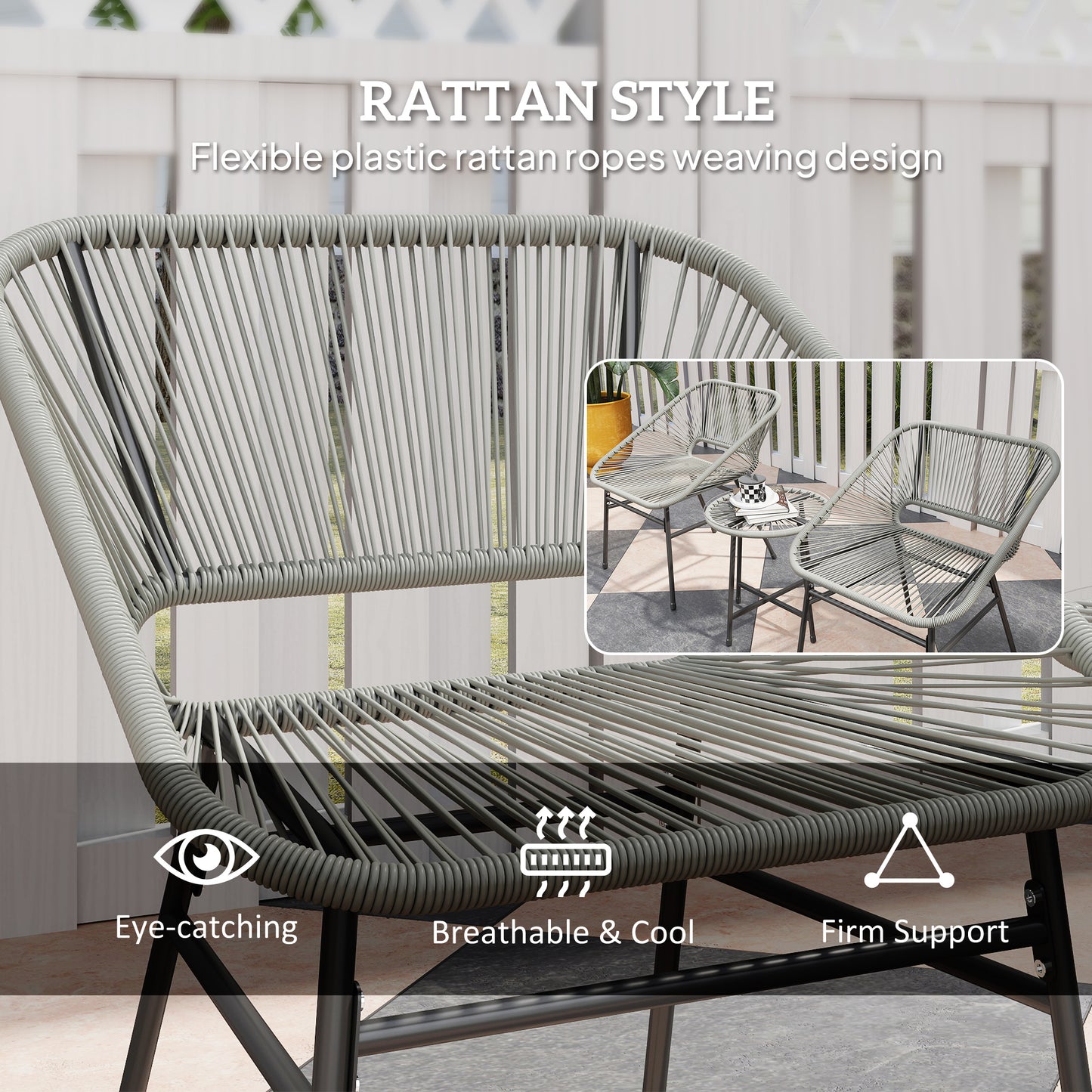 Sorino Rattan Rope Light Grey 3 Piece Outdoor Garden Bistro Furniture Set Glass Coffee Table