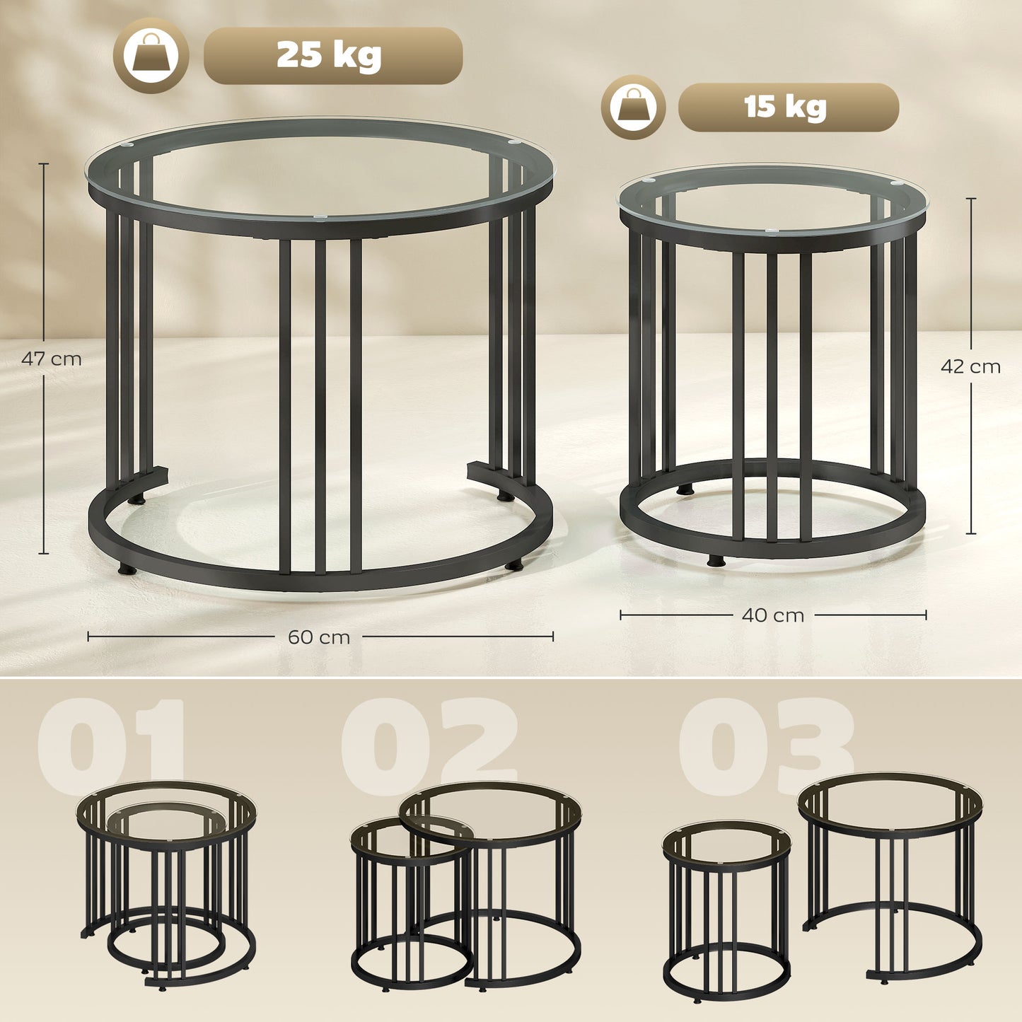 Kane Set of 2 Metal And Glass Black Round Nesting Tables With Steel Frame