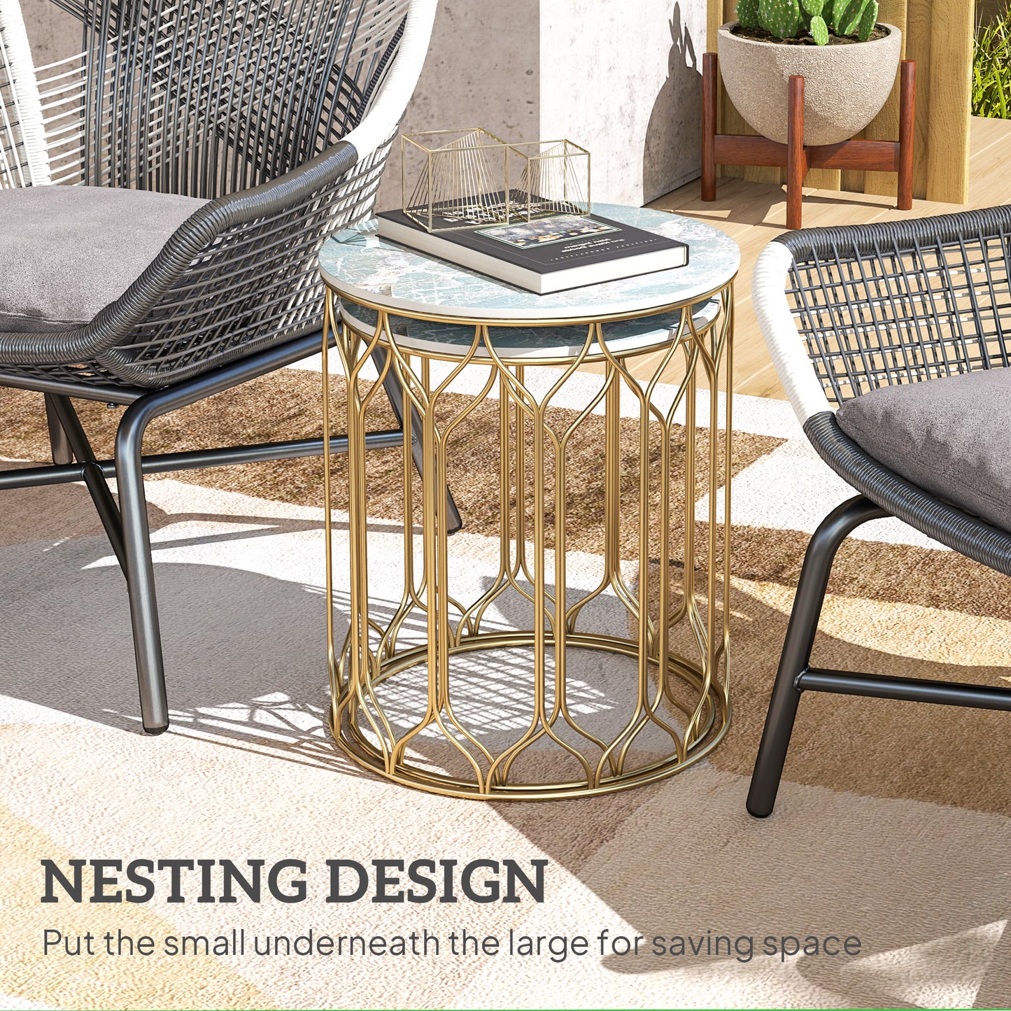 Loba Set Of 2 Marble Effect Round Nesting Outdoor Coffee Tables With Ceramic Tile Tops