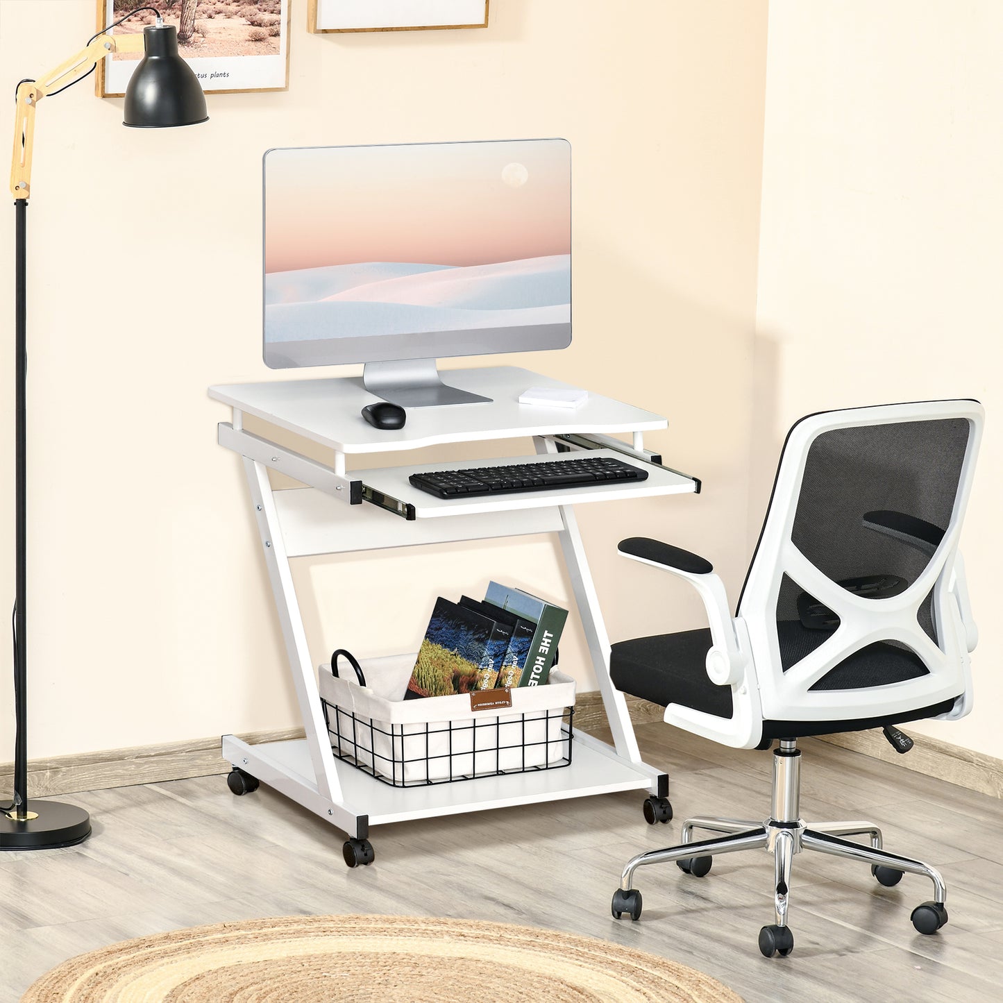 Suel 60cm Wooden White Mobile Z Shaped Desk With Castor Wheels And Sliding Keyboard Tray