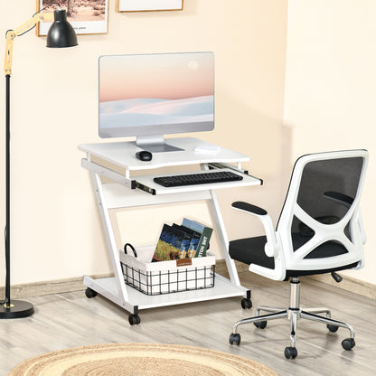 Suel 60cm Wooden White Mobile Z Shaped Desk With Castor Wheels And Sliding Keyboard Tray