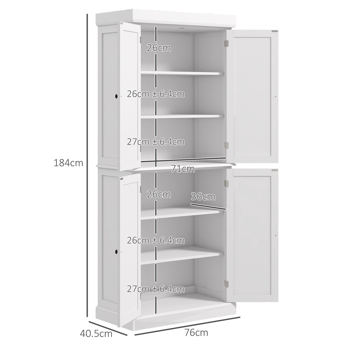 Varofa Wooden White Freestanding Kitchen Cupboard With 4 Doors And 6 Tier Shelving
