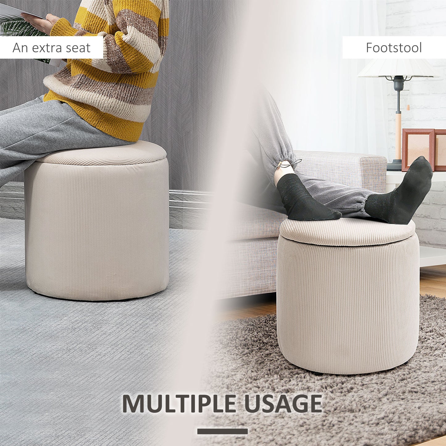 Vivalepa Set Of 2 Fabric Cream White Round Storage Ottomans With Removable Lids
