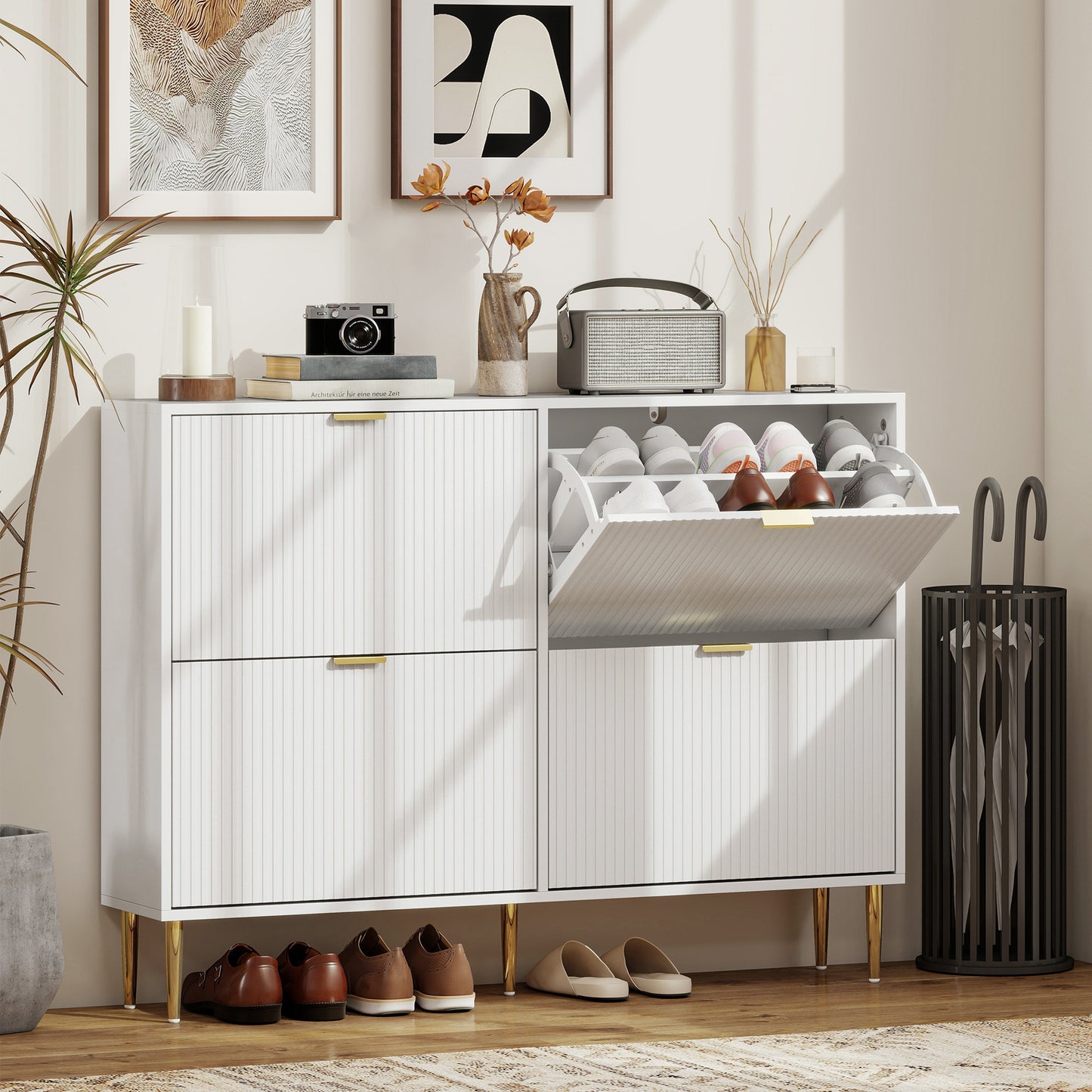 Rokake Wooden White Elegant 4 Drawer Shoe Cabinet Ribbed Design