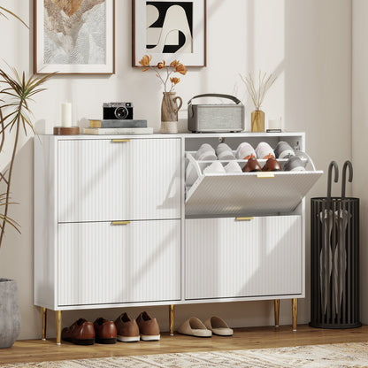 Rokake Wooden White Elegant 4 Drawer Shoe Cabinet Ribbed Design
