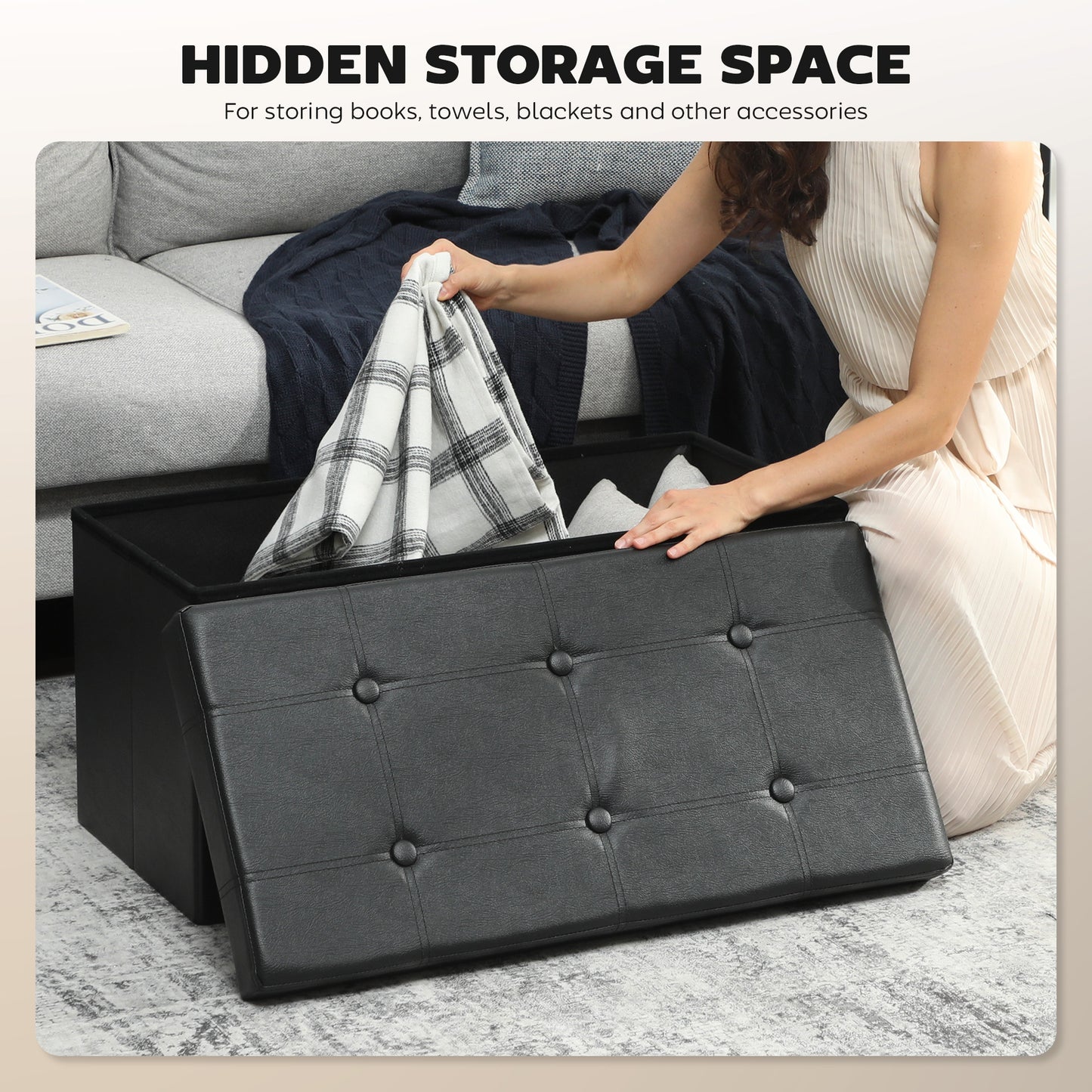 Riviri Faux Leather Black Folding Storage Ottoman Bench 89 Litre