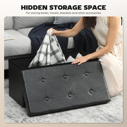 Riviri Faux Leather Black Folding Storage Ottoman Bench 89 Litre