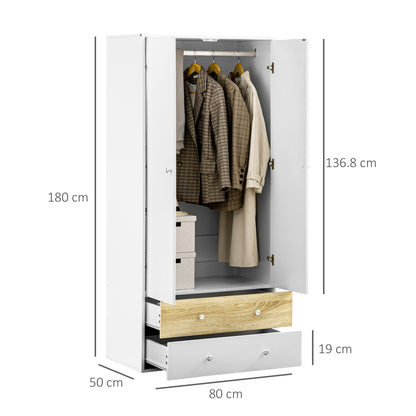 Coralia White and Natural 2 Door Wardrobe With Hanging Rail and 2 Drawers