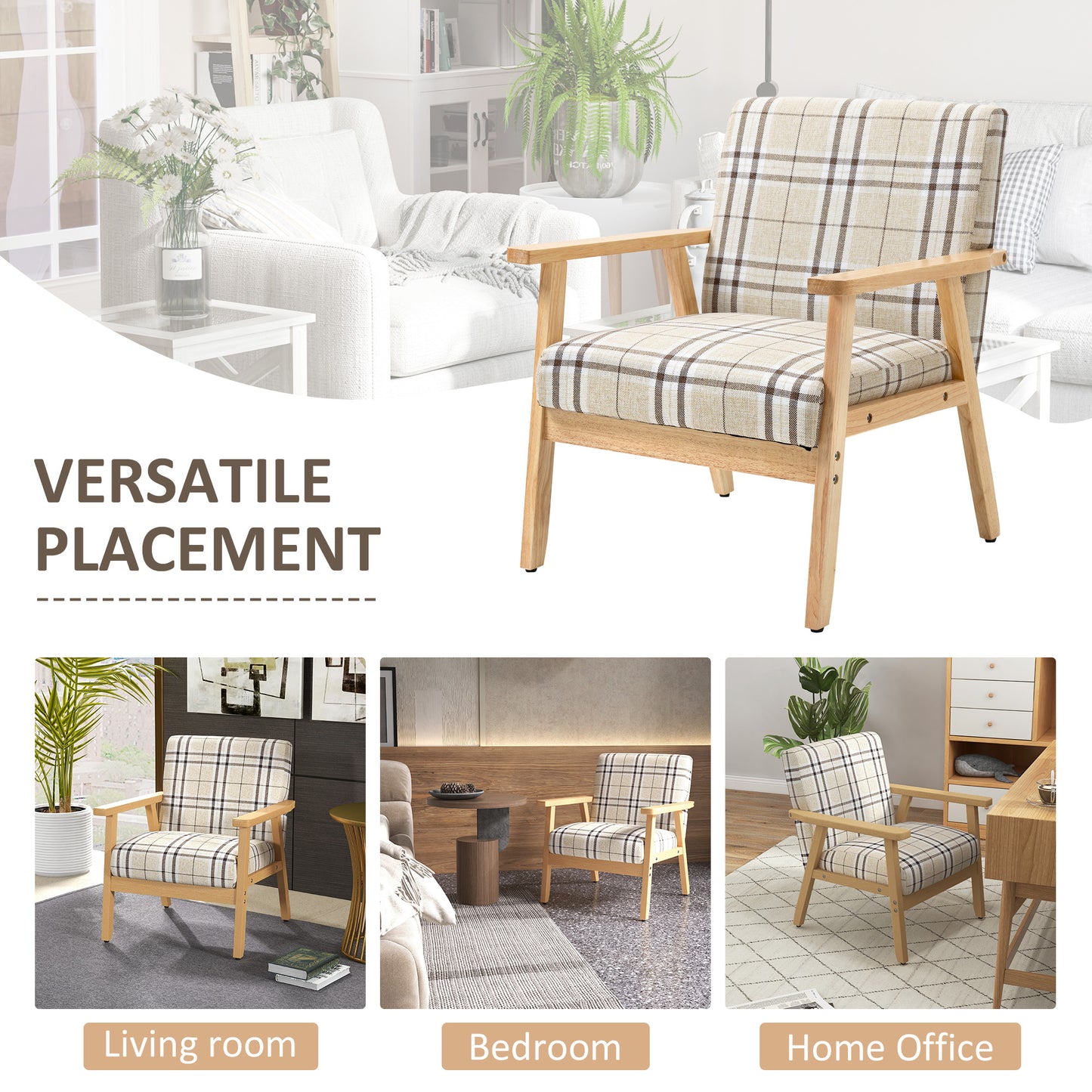 Sove Linen Beige Tartan Pattern Single Armchair With Wooden Frame