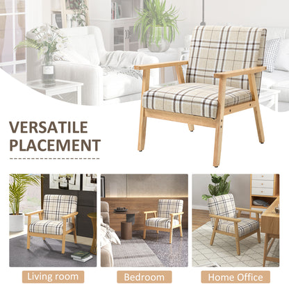 Sove Linen Beige Tartan Pattern Single Armchair With Wooden Frame