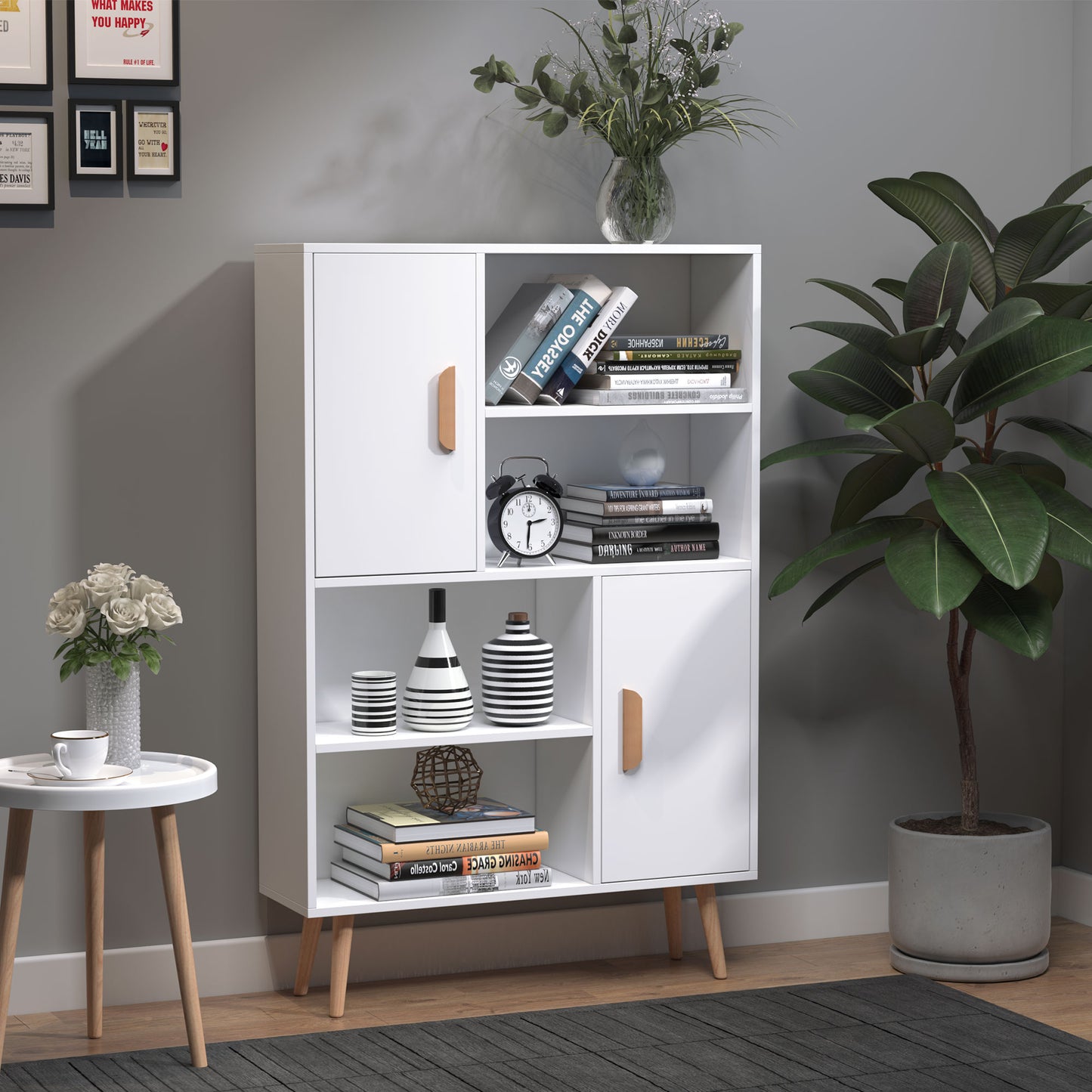 Nefi Wood White Freestanding Bookcase Sideboard With Adjustable Shelves And 2 Doors