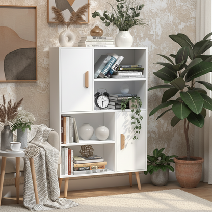 Nefi Wood White Freestanding Bookcase Sideboard With Adjustable Shelves And 2 Doors