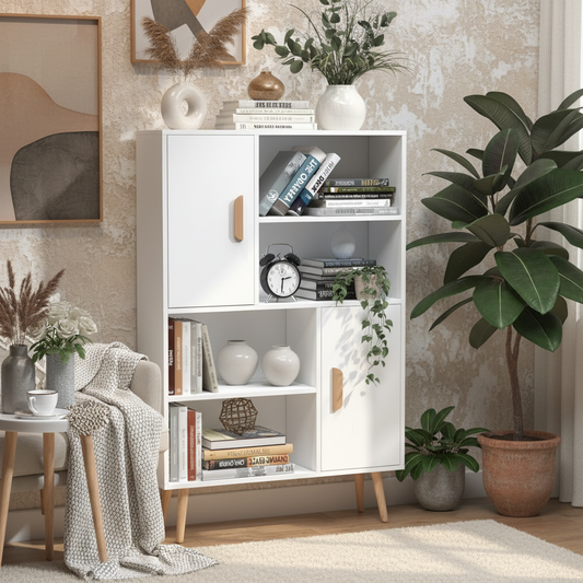Nefi Wood White Freestanding Bookcase Sideboard With Adjustable Shelves And 2 Doors