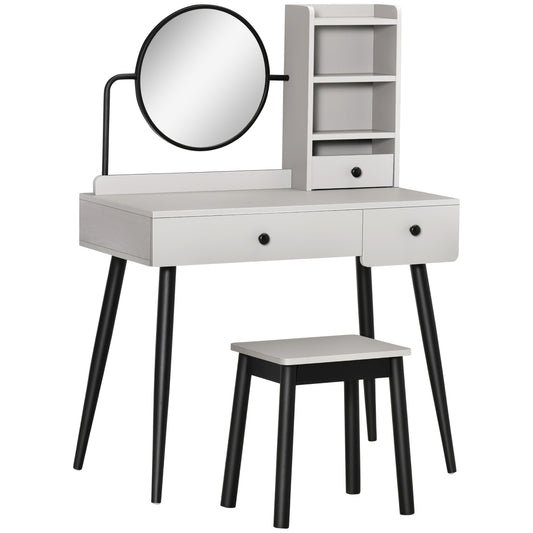 Ravato Grey Dressing Table And Stool Set With 3 Drawers And OFauxn Shelving