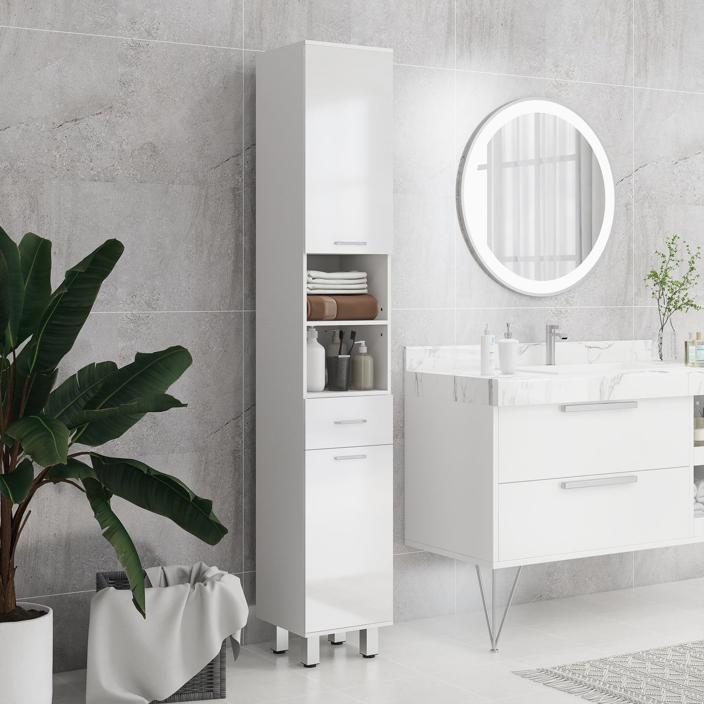 Secoli Tall Slim High Gloss White Storage Cabinet With Drawers Shelves And Double Doors