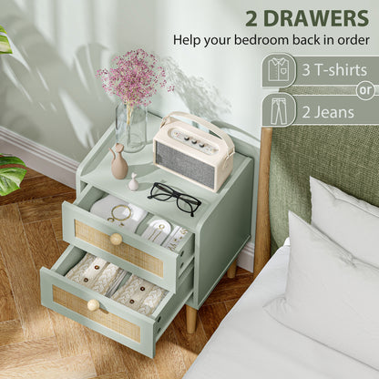 Reka Boho Olive Green Wood And Rattan 2 Drawer Bedside Table