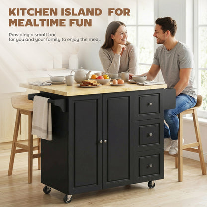 Rolelo Wooden Black Rolling Kitchen Island With Drop Leaf Drawer Towel And Spice Racks