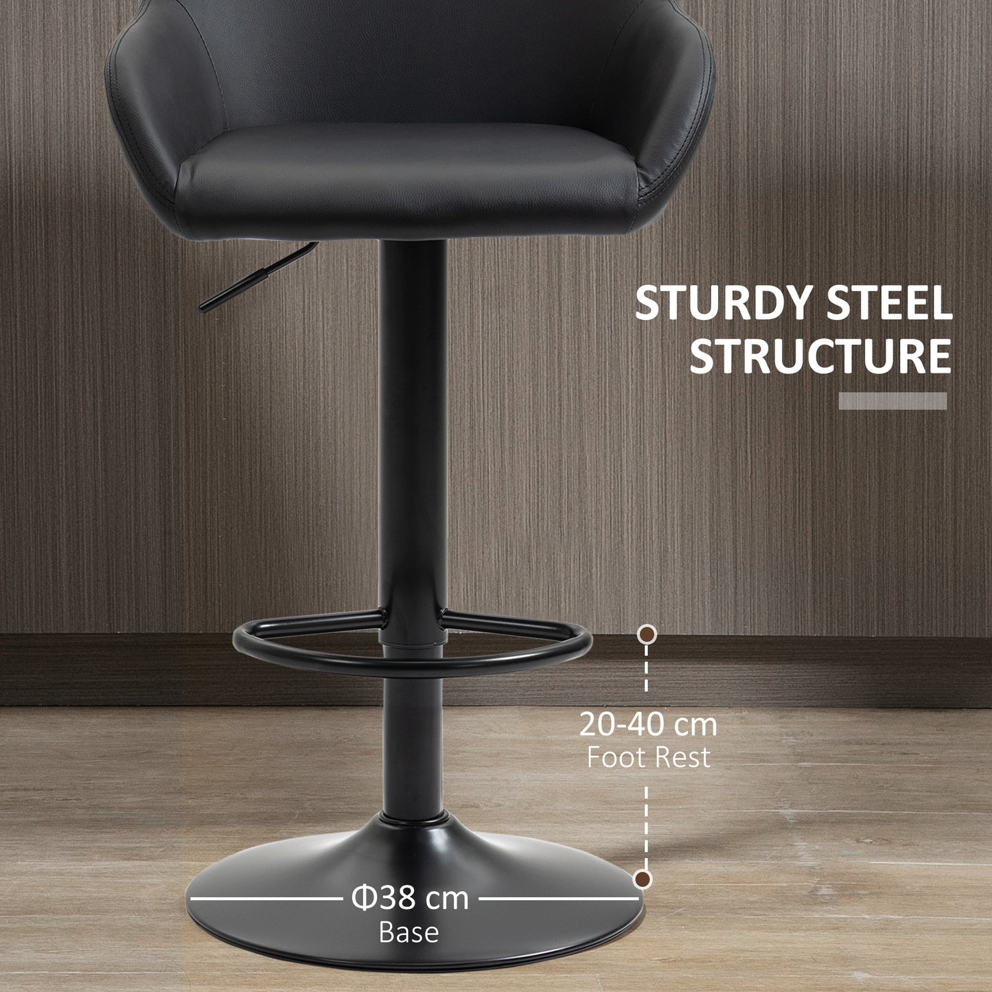 Falani Set Of 2 Black Faux Leather Adjustable Bar Chairs With Armrests
