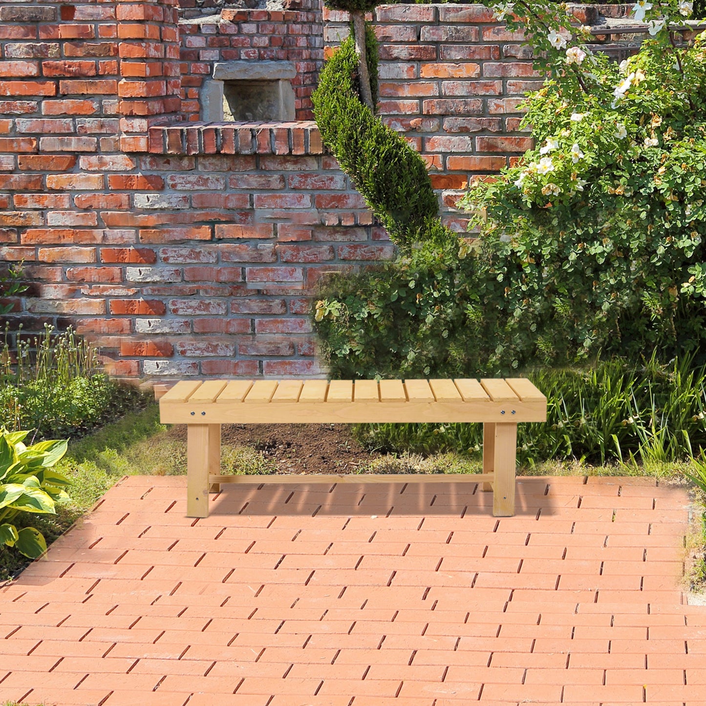 Liveba 110cm Fir Wood Natural Backless 2 Seater Garden Bench Set With Slatted Seats