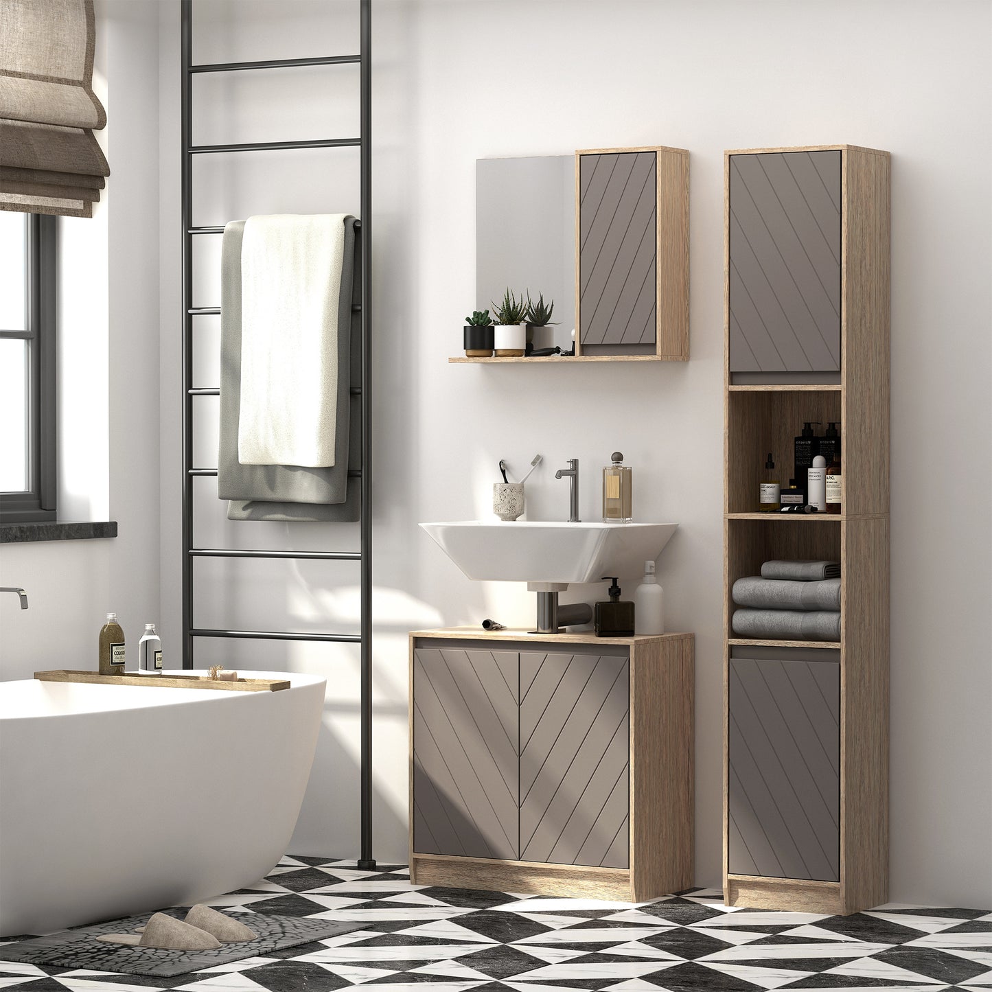 Kaeldo Slim Bathroom Storage Cabinet With OFauxn Compartment Adjustable Shelves Grey And Oak