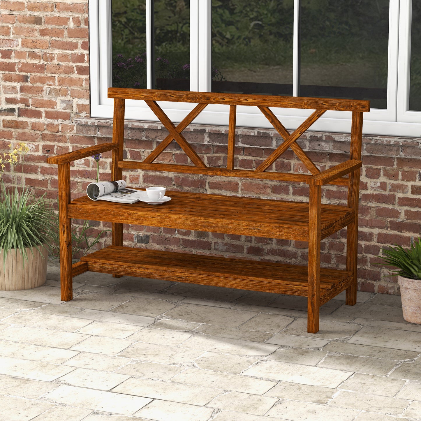Tussora Fir Wood Natural 2 Seater Garden Bench With Lower Storage Shelf