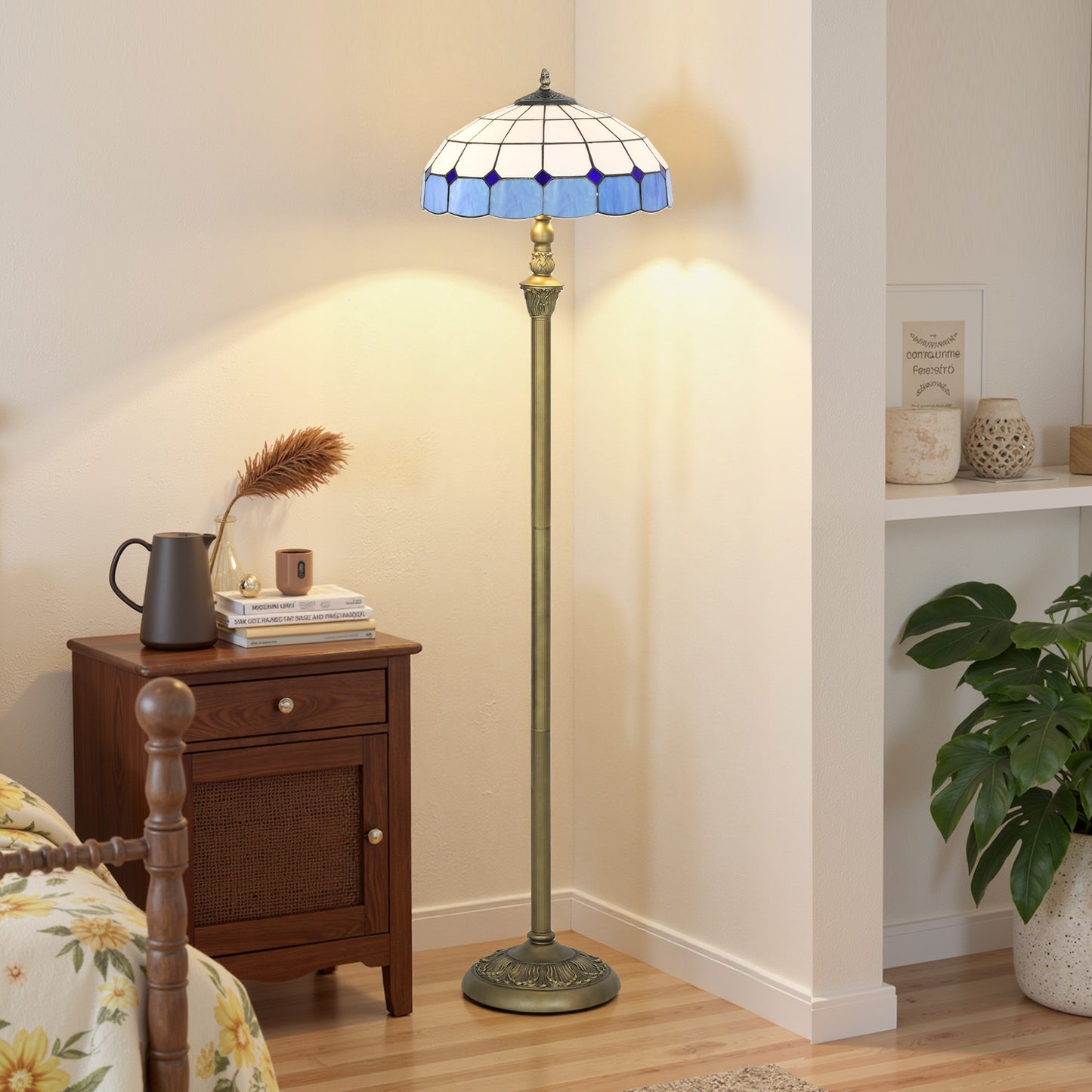 Luel Metal And Glass Bronze And Blue Tiffany Style Floor Lamp With Handcrafted Shade