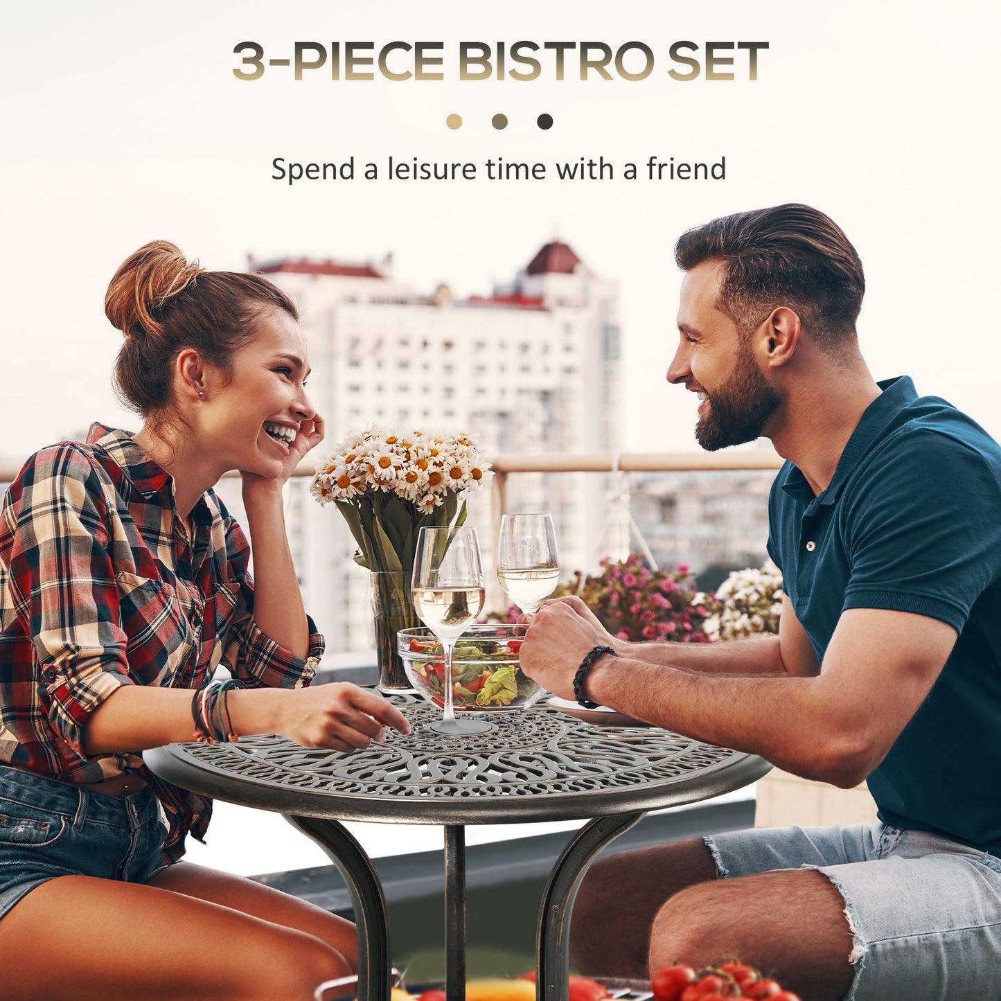 Niso Aluminium Bronze Tone 3 Piece Garden Bistro Set With Umbrella Hole Table And Chairs