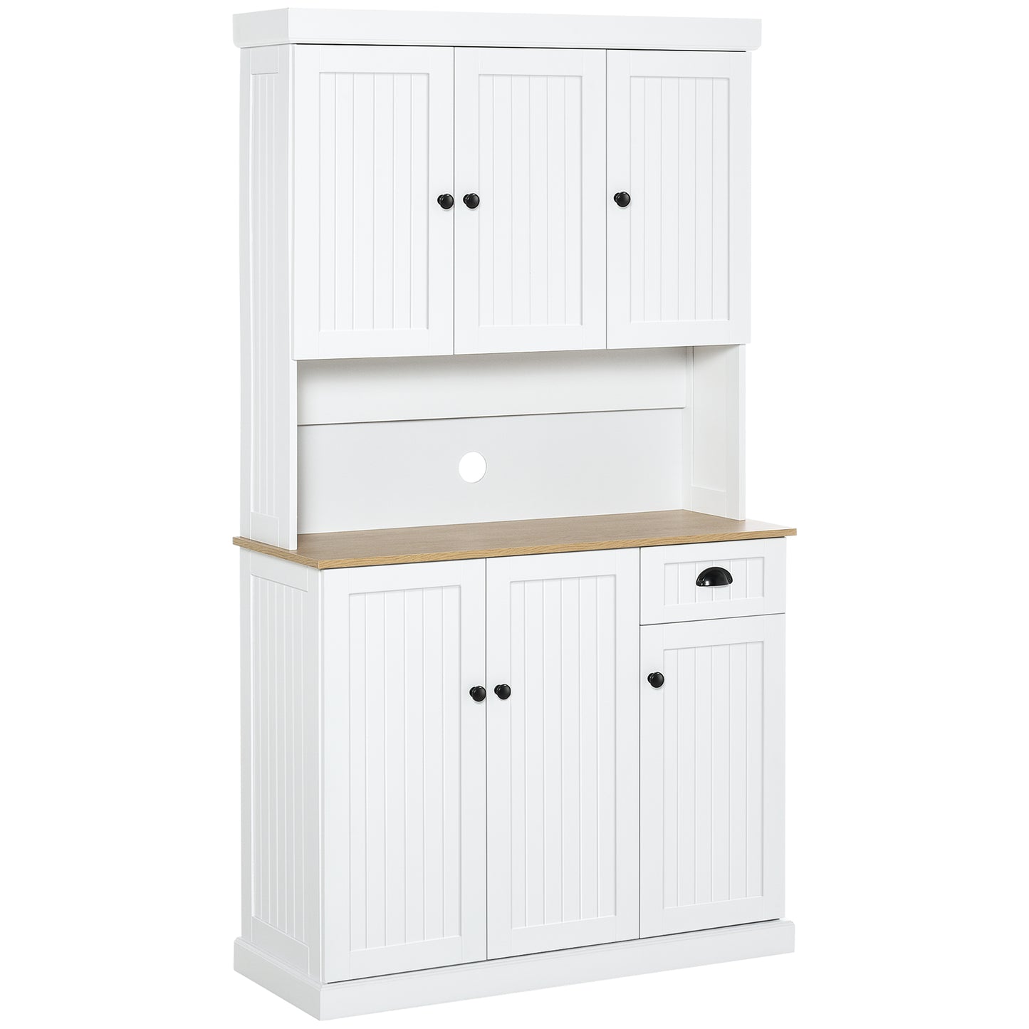 Moviel 180cm Tall Wooden White Kitchen Storage Cabinet With Open Counter Drawers And 6 Doors