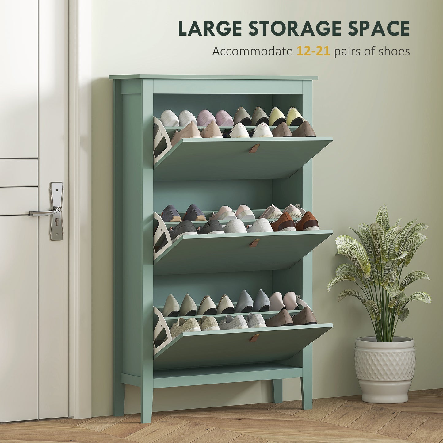 Diveve Wooden Mint Green Modern 3 Drawer Shoe Cabinet Faux Leather Handles