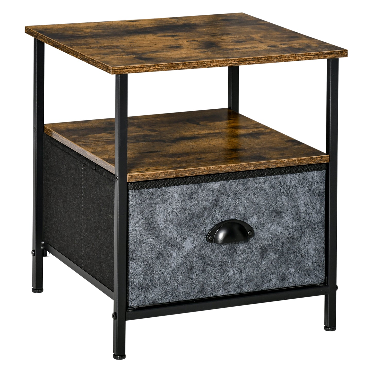 Nasuni Wooden Rustic Brown Bedside Table With Fabric Drawer and Top Shelf