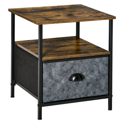 Nasuni Wooden Rustic Brown Bedside Table With Fabric Drawer and Top Shelf
