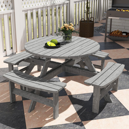Neel 8 Seater Grey Wood Round Garden Picnic Set Table and Benches