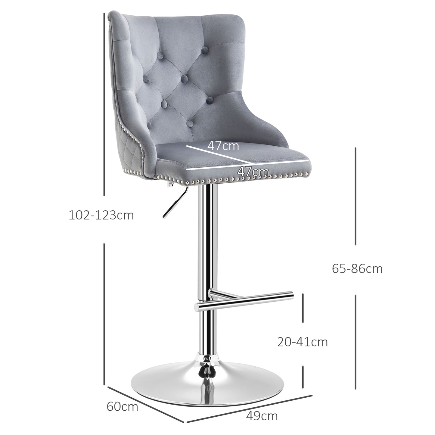 Recoco Velvet Grey Adjustable Swivel Bar Stools Set Of 2 With Tufted Back And Nailhead Detail
