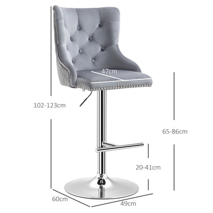 Recoco Velvet Grey Adjustable Swivel Bar Stools Set Of 2 With Tufted Back And Nailhead Detail