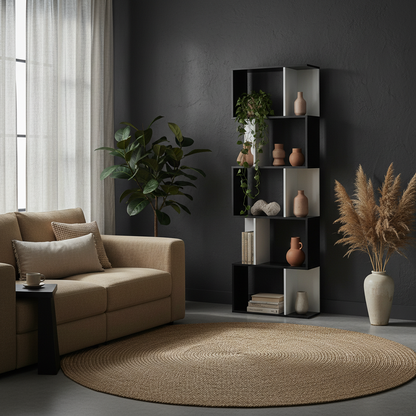 Nolia Wood And Metal Black And White S Shaped Freestanding Bookcase With 5 And 6 Tier Layout