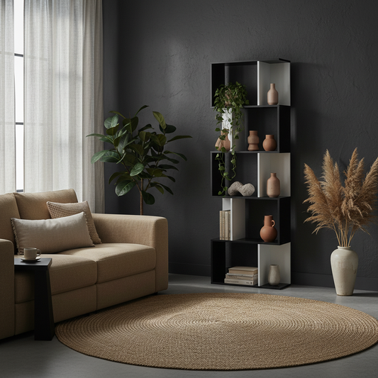 Nolia Wood And Metal Black And White S Shaped Freestanding Bookcase With 5 And 6 Tier Layout